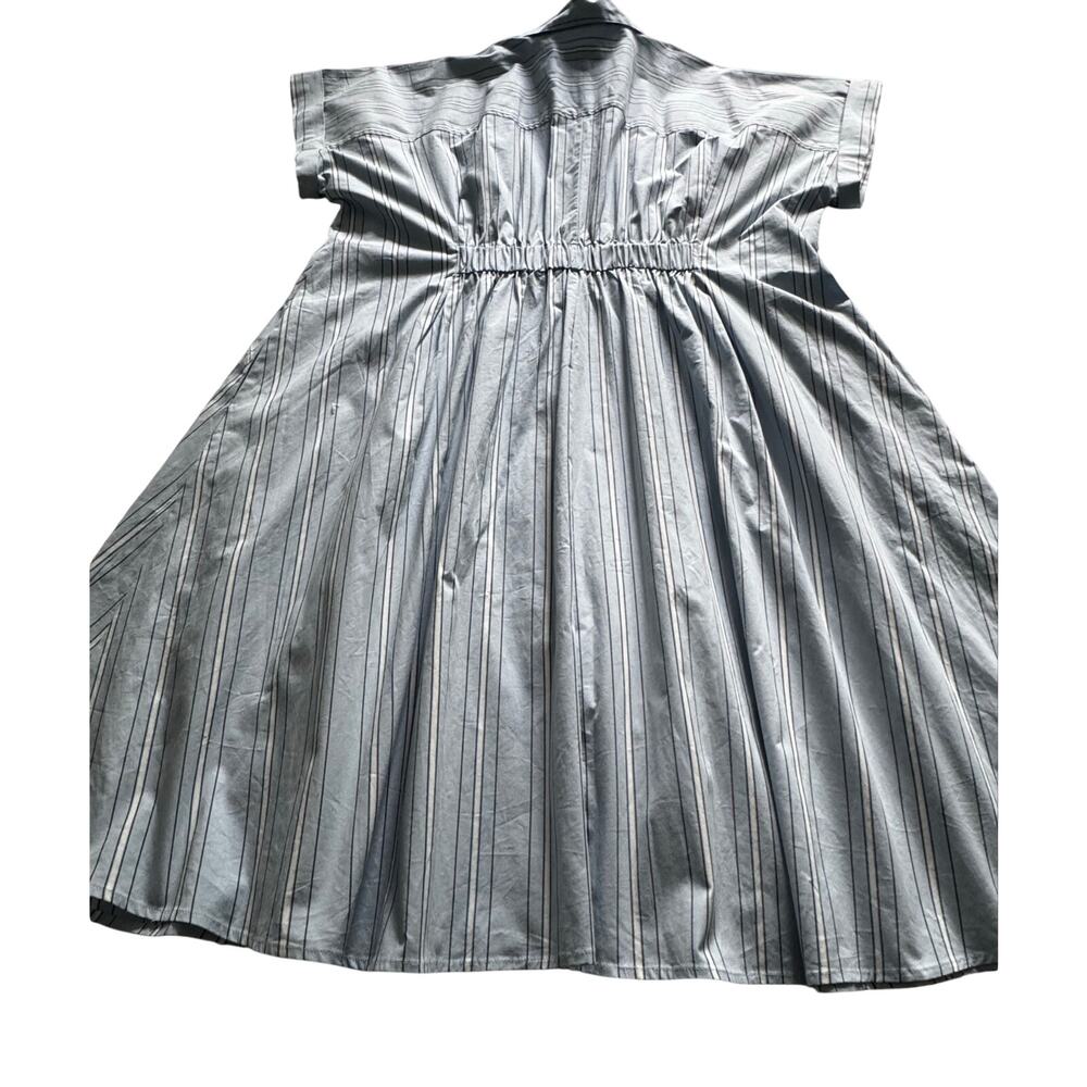 Blue Pinstriped pattern Shirt Dress Side pockets stand up collar V-neck Pleated - Picture 8 of 12